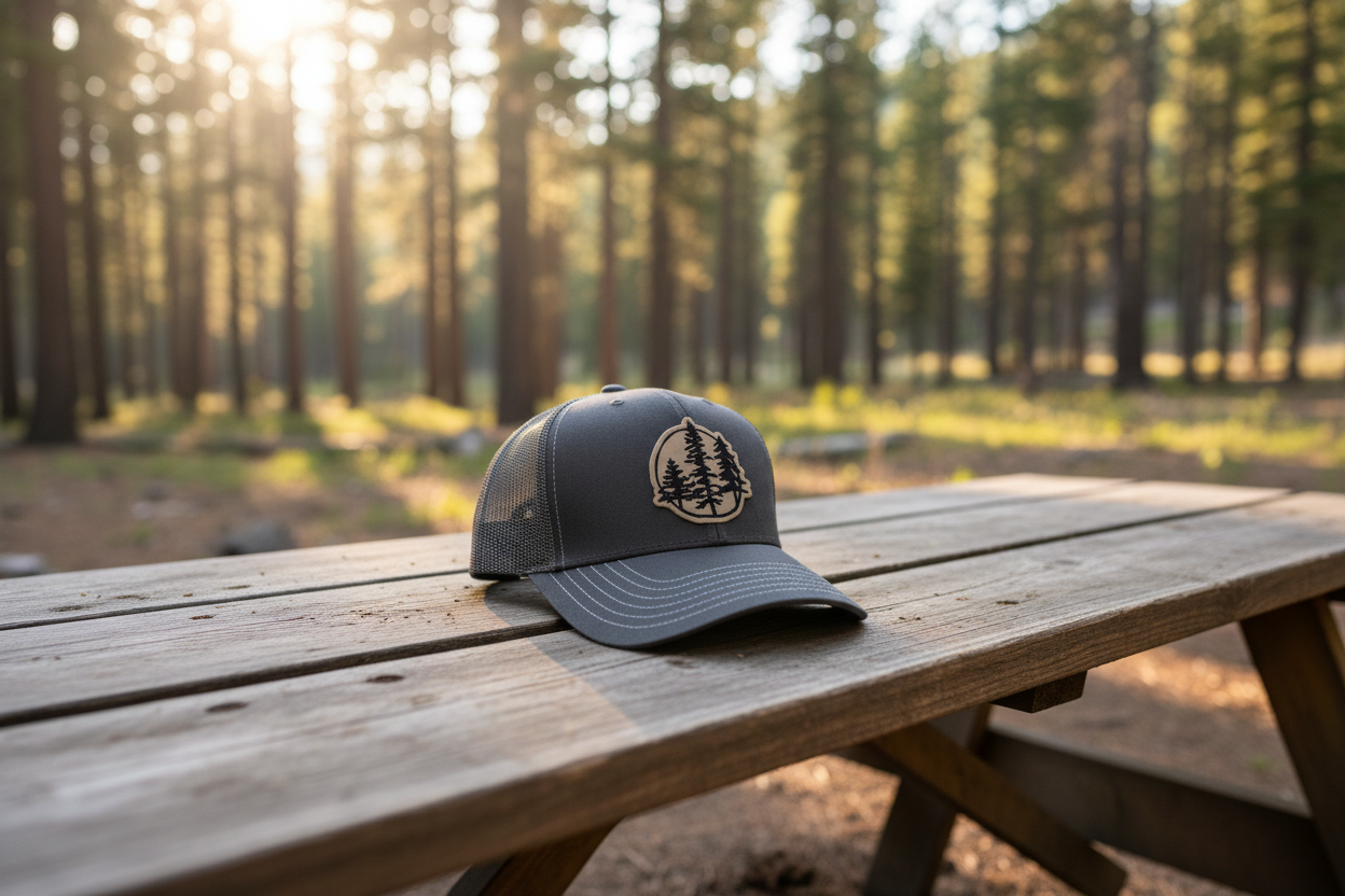 Gray trucker cap with a tree logo on a tan background