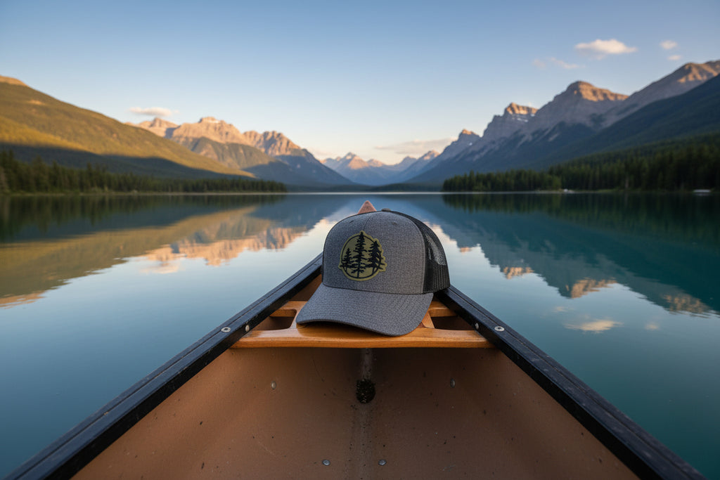 Gray and black cap with a tree logo on a forest green background